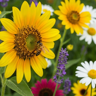Close-up of a variety of brightly colored bee-friendly flowers in a garden, with a bee collecting nectar, natural light, no text, no words, no typography, clean image