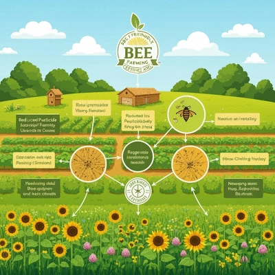 Graphic illustrating the Bee Friendly Farming certification principles: reduced pesticide use, pollinator-friendly crops, natural habitats, no text, no words, no typography, clean image