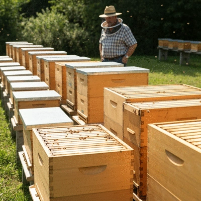 Various types of beehives (Langstroth, Top-bar, Warre) neatly arranged in an apiary, with a beekeeper in the background, representing apiary setup, no text, no words, no typography, no labels, clean image