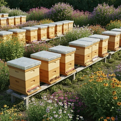 Modern apiary with multiple beehives in a well-organized layout, surrounded by flowering plants