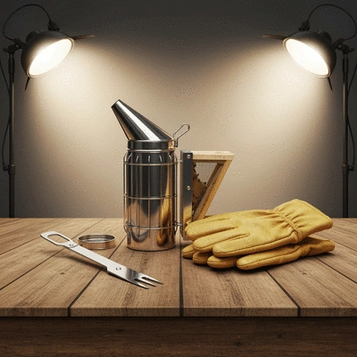 Detailed shot of essential beekeeping kit components including a hive tool, smoker, and gloves on a rustic wooden table