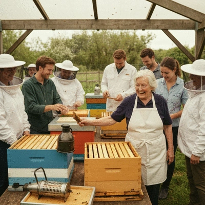 People attending a beekeeping education workshop, learning about bee conservation and ethical practices