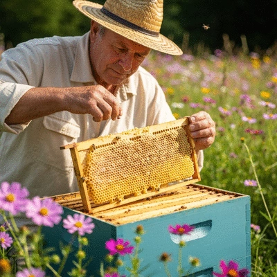 Close-up of a beekeeper inspecting a healthy beehive frame, surrounded by blooming native flowers, representing sustainable beekeeping practices, no text, no words, no typography, no labels, clean image