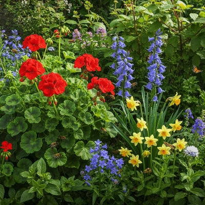 An urban garden with various flowering plants, showing a mix of native bees and other pollinators. The scene is bright and inviting, demonstrating a successful small-scale habitat. No text, no words, no typography, 8K, natural lighting