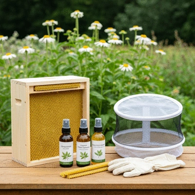 Various eco-friendly beekeeping tools and products displayed on a wooden surface, such as a natural wood hive component, organic pest control sprays, and sustainable protective gear, with a blurred background of a bee garden