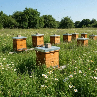 Sustainable apiary with wooden beehives in a lush, biodiverse field of wildflowers, natural lighting