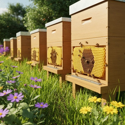 Well-designed apiary with multiple bee hives in a natural, sunny environment