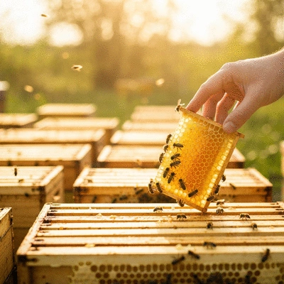 Close-up of a hand gently holding a honeycomb frame, with blurred background of a serene apiary, representing sustainable honey production