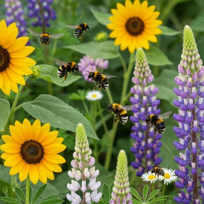 Close-up of various native bees actively pollinating different types of flowers in a vibrant garden, showcasing biodiversity. No text, no words, no typography, 8K, natural lighting